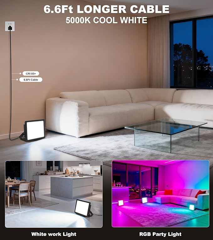 50W RGB Flood Light with Remote &amp 6.6Ft Cable Halloween RGB Floodlight IP66 Waterproof Color Changing Christmas Light 5000K White LED Floodlight Outdoor Uplights for Events 4 Pack