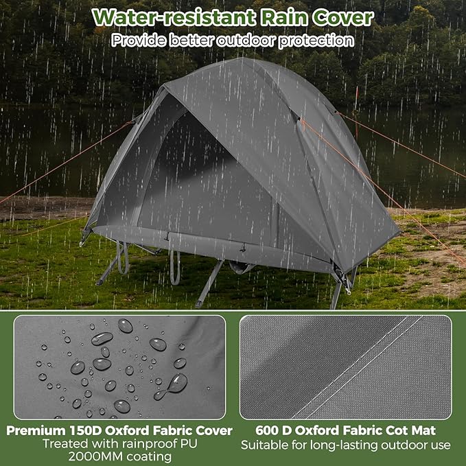 Tangkula 2 Person Tent Cot Portable Off Ground Elevated Camping Tent with Cot Removable Rainfly Wheeled Bag Stakes &amp Wind Ropes for Beach Picnic Hiking Travel
