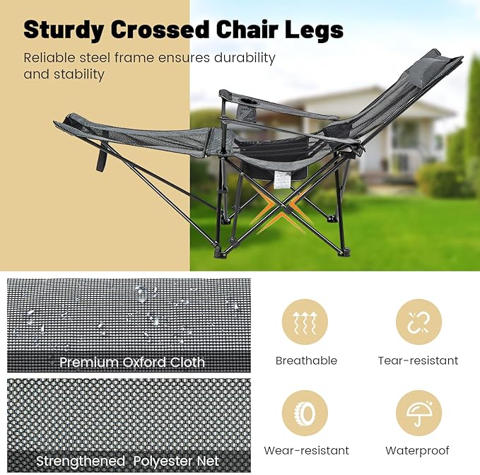 GYMAX Camping Chair Adjustable Reclining Lounge Chair w/Removable Footrest Padded Pillow Cup Holder &amp Side Pocket Folding Camping Mesh Chair w/Carry Bag for Outdoor Patio Lakeside (1 Grey)
