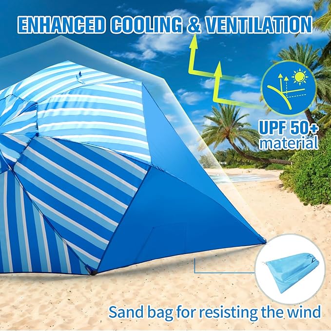 Beach Shelter Umbrella Premiere UPF 50+ Umbrella Shelter for Sun and Rain Protection for Adult (10-FootBlue Stripe)