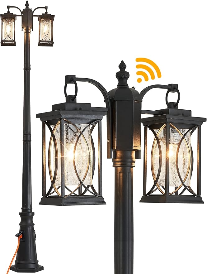 Dusk to Dawn Outdoor Lamp Post Light Modern 2-Head Street Pole Light Fixtures with Outlet Waterproof Black Outside Street Light Electric Lantern for Backyard Garden Patio Driveway