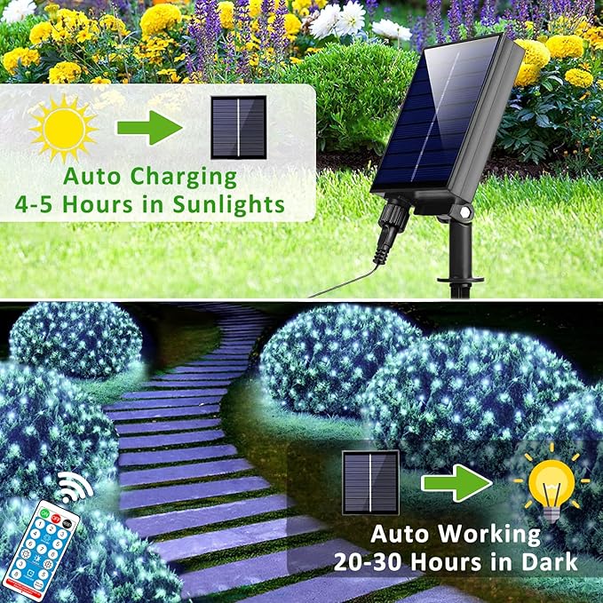 11.5FT x 5FT Solar Christmas Net Lights Outdoor with Remote 240 LED USB Cool White Mesh Lights for Bushes Waterproof 8 Modes Green Wire Christmas Trees Light Patio Indoor Decor