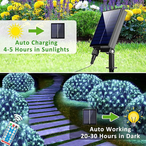 11.5FT x 5FT Solar Christmas Net Lights Outdoor with Remote 240 LED USB Cool White Mesh Lights for Bushes Waterproof 8 Modes Green Wire Christmas Trees Light Patio Indoor Decor