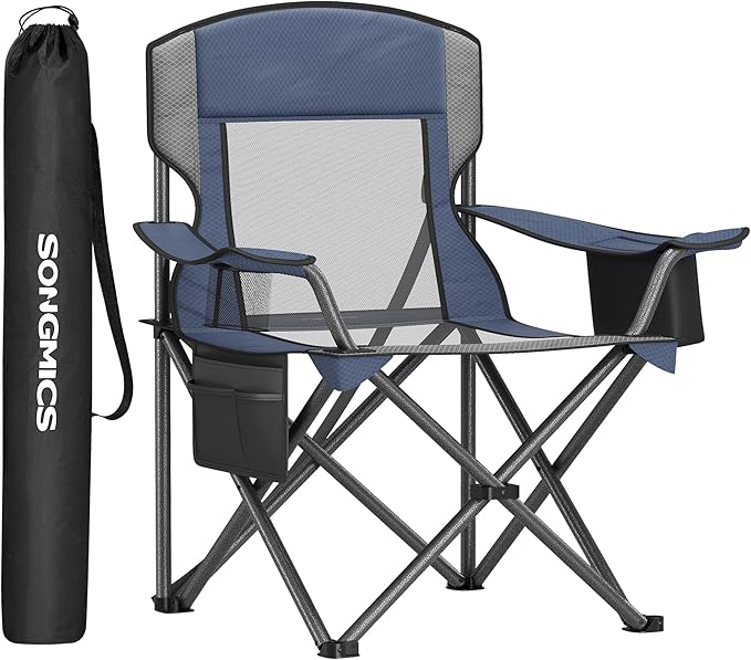SONGMICS Camping Chair Folding Oversized Chair Comfortable and Heavy-Duty 352 lb Weight Capacity Adjustable Armrests with Cooler Bag Storage Bag Breathable Mesh Bijou Blue UGCB060Q01