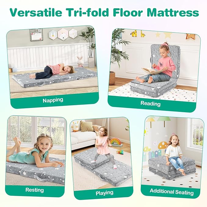 Costzon Foldable Floor Mattress for Kids Glow in The Dark Toddler Floor Nap Mat w/Washable Flannel Cover Tri-Folding Children Floor Bed for Sleeping Daycare Playroom School Kindergarten or Nursery