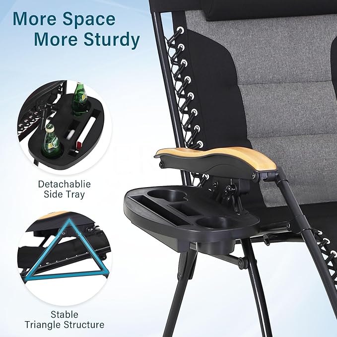MFSTUDIO Zero Gravity Chairs Set of 2 XL Oversized Outdoor Anti Gravity Chair Patio Lounge Folding Adjustable Chair with Cup Holder &amp Padded Headrest Support 400lbsBlack