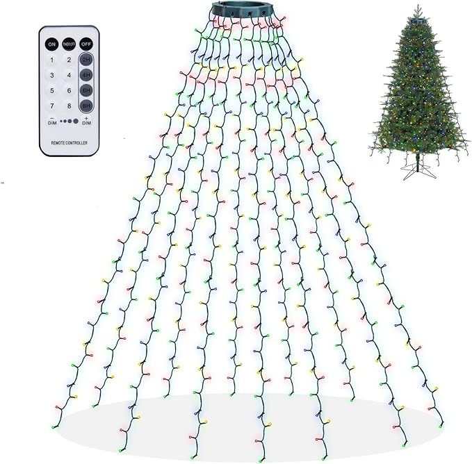Dazzle Bright Christmas Tree Lights 448 LED Waterfall Tree Topper Lights with Remote &amp 8 Lighting Modes 8.2FT X 16 Lines Christmas Light for Outdoor Yard Party Xmas Trees Decoration (Multi-Color