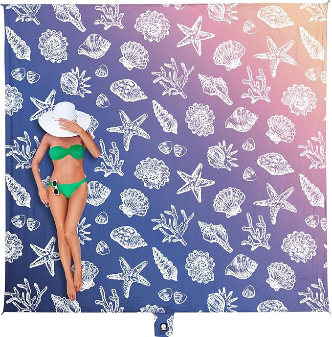 WEKAPO Beach Blanket Waterproof Sandproof &amp Sand-Free Beach Mat with Stakes &amp Built-in Storage Bag – Oversized Extra Large Perfect for Outdoor (Deep Blue Sea Shells 8 X 7 FT (1~4 Person))