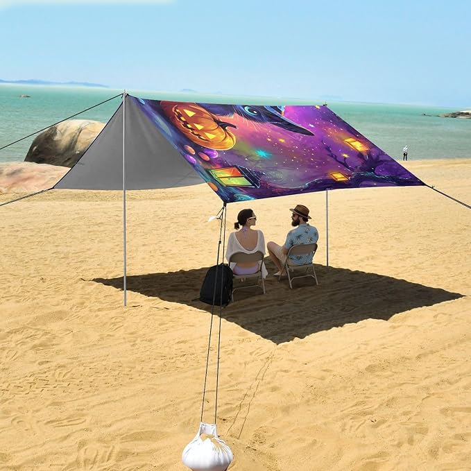 ALAZA Hallowenn Witch Cat Beach Tent Sun Shelter UPF50+ Protection Beach Shade Canopy w/ 4 Sandbags for Outdoor Camping Fishing Backyard Fun Picnic 10x9 ft