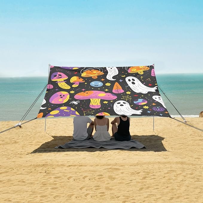 ALAZA Halloween Ghosts Mushrooms Beach Tent Sun Shelter UPF50+ Protection Beach Shade Canopy w/ 4 Sandbags for Outdoor Camping Fishing Backyard Fun Picnic 10x9 ft