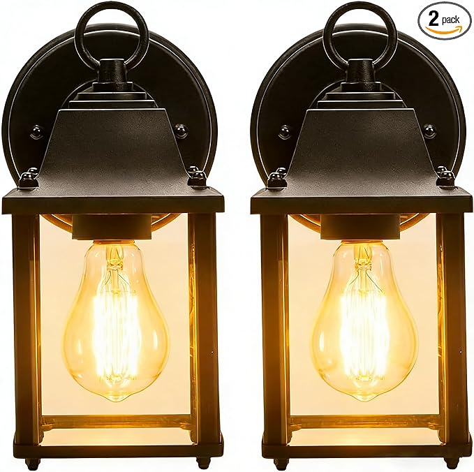 Outdoor Light Fixture Matte Black Front Porch Lamps with Glass Shades 8.7IN Exterior Waterproof Wall Mount Lantern with E26 Sockets Outside Lights for House Garage Doorway Patio 2Pack