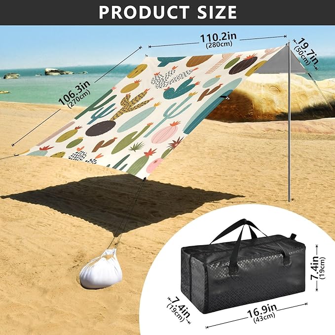 Bolaz Beach Canopy Tent Sun Shade9'×10.5' Large Family Beach Shade UPF50+- Outdoor Shade for Camping Trips FishingLeopard Print Cactus Pattern