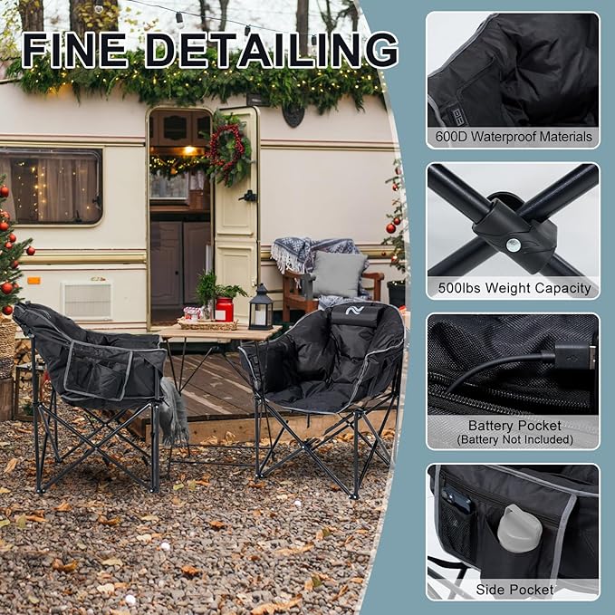 MOPHOTO Heated Camping Chair Portable Heated Camping Chairs Outdoor Padded Oversized Heated Folding Chairs Outdoor Sports Heating Lawn Chair Patio Lounge Chairs for Adults