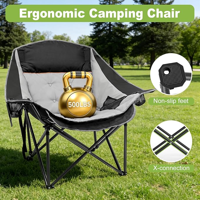 Slendor Oversized Camping Chairs - Heavy Duty Padded Outdoor Folding Camp Chair with Cup Holder and Carry Bag for Outside Sports Beach Fishing Lawn Portable Supports 500lbs Black Gray