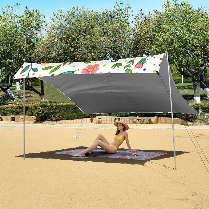 Seamless Pattern Cartoon Frog and Plant Camping Sun Shelter Beach Tent Portable Beach Sun Shade Outdoor Canopy for Camping Trips Fishing Picnic