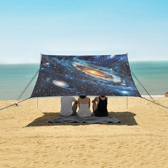 Galaxy Pattern Beach Tent Sun Shelter 9.2' x 10.5' Beach Canopy with 4 Sandbags 4 Stability Poles Sand Shovels - Tent Canopy for Beach Camping Fishing Picnics