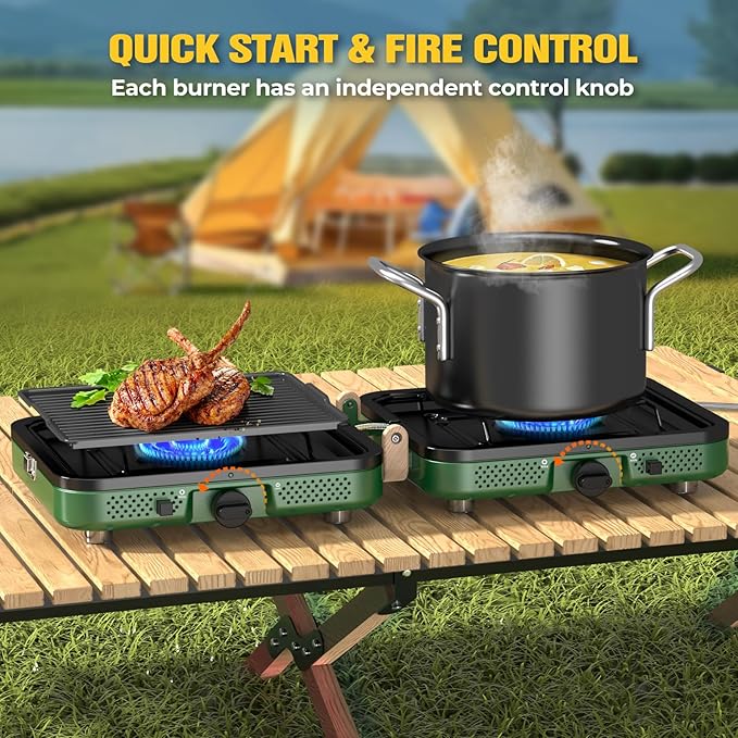 2 Burner Camping Stove 20000 BTU Propane Camp Stove Portable Folding Gas Travel Stove Camping Essentials Gears Includes GrillCarrying Bag Adjustable Burners &amp Piezo Ignition for TailgatingBBQ