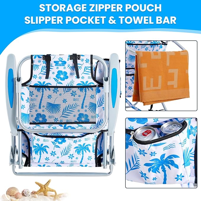 Portable Beach Chair for Adults Outdoor Camping Chair Lay Flat Folding Backpack Beach Reclining Chair with 5 Positions Headrest Cup Holder Heavy Blue Coconut Tree