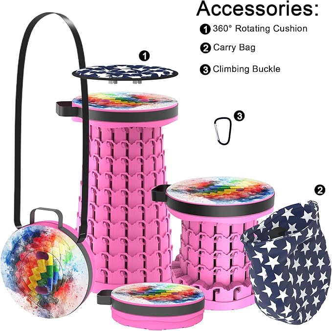 ALEVMOOM Upgraded Telescoping Collapsible Stool with Cushion Folding Stool with Printing Portable Retractable Foldable Seat Max Load 600lbs for Adults Camping Fishing Outdoor