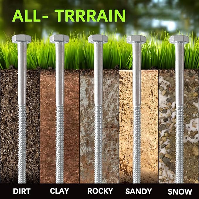 6pcs 3/8 x 12 inch Heavy Duty Camping Ground Anchors Non-Rust Tent Stakes Screw in Kit for Securing Animals Trampoline Carports Canopies Sheds Swing Sets Ground Anchors for High Winds