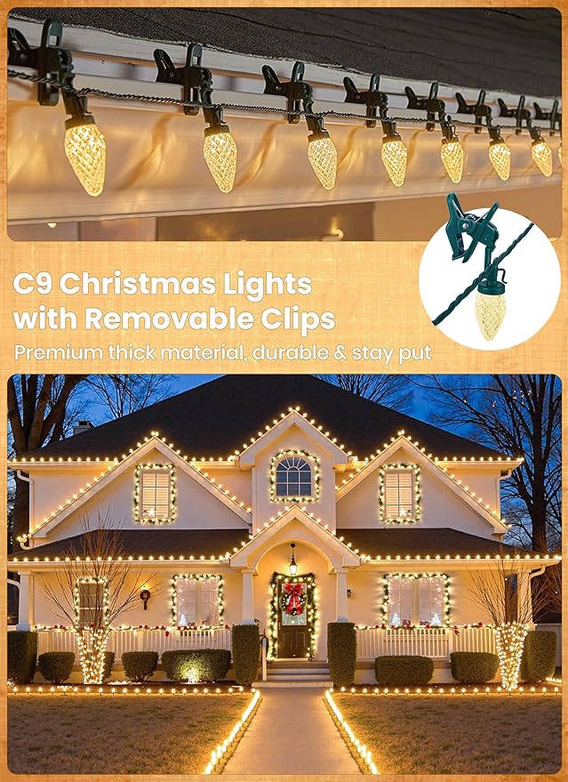 C9 68Ft Led Christmas String Lights 100 LED with Quick Clips Outdoor Waterproof Strawberry Lights Commercial Grade Extendable for Indoor Outside Roofline Patio Home Xmas Decoration Warm White