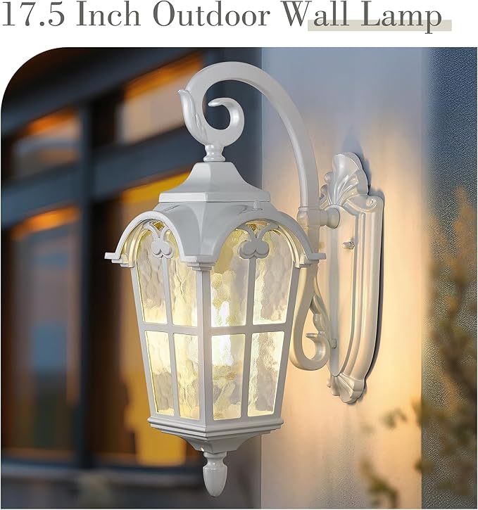 Emliviar Outdoor Wall Lights 1-Light Modern Outside Lights for House 17.5 Inch Height with Water Glass White Finish WE215B WH