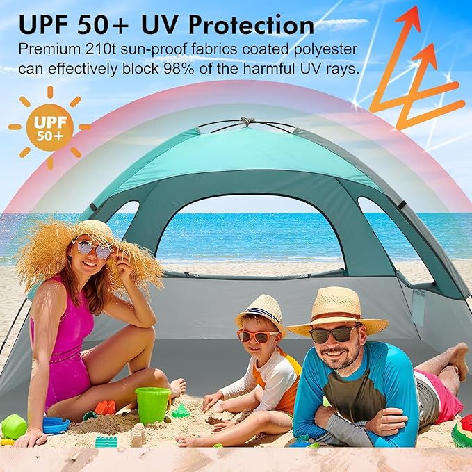 WhiteFang Beach Tent Anti-UV Portable Sun Shade Shelter for 3/4/6/8 Person Extendable Floor with 3 Ventilating Mesh Windows Plus Carrying Bag Stakes and Guy Lines