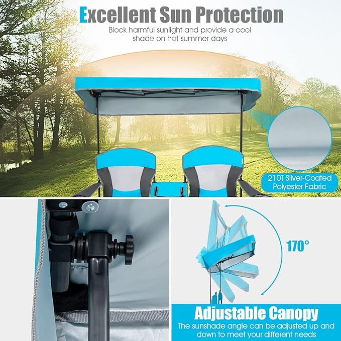 Tangkula Loveseat Camping Chair with Adjustable Shade Canopy Portable Beach Chair with Cooler Bag 2 Cup Holders Carrying Bag Foldable Double Lawn Chair for Travel Fishing Picnic (Blue)