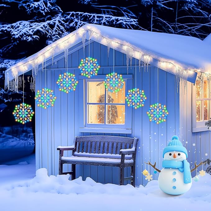 Brightown Christmas Snowflake Icicle Lights Outdoor - Plug-in 23.6ft 10 Drops 480LED Snowflake Window Lights for Indoor Outdoor Porch Eaves Rooftops Canopy Christmas Decoration Multicolor