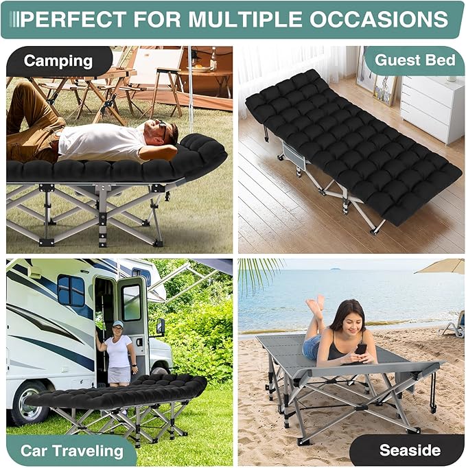 ZENPETIO Camping Cot for Adults Heavy-Duty Portable Cot Bed with Mattress Foldable Padded Sleeping Cots for Camping Travel Tent Day Bed Outdoor &amp Home Guest Max Load 500 LBS 75x28x15”