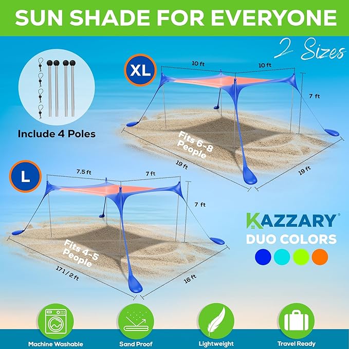 Beach Tent UPF50+ Sun Shade Canopy with Sandbags 4 Stability Poles Ground Pegs Flying Disc Sand Shovel Lightweight Sunshade Shelter 7ft Tall for Outdoor Trips Camping and Sports