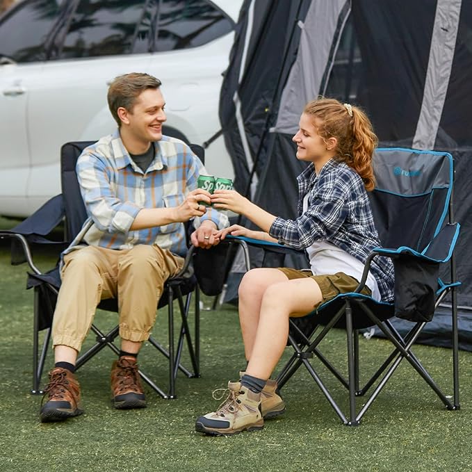 FUNDANGO Oversized Camping Chair for Adults Heavy Duty Portable Foldable Lawn Chair with Padded Seat &amp Back Lumbar Support 4-can Cooler &amp Cup Holder Carry Bag Included for Outdoor