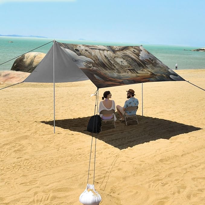 Beach Tent Sun Shelter Surrealism Owl House Clock Lightweight &amp Easy Setup Beach Shade Canopy for Camping Fishing