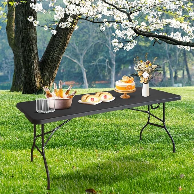6ft Folding Table Portable Plastic Table for Camping Picnics Parties High Load Bearing Foldable Table Black