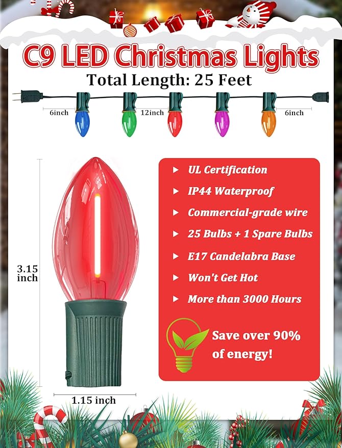 C9 LED Christmas String Lights 25FT Vintage String Lights with 27 C9 Clear Multicolor LED Bulbs Outdoor Hanging Christmas Lights for Xmas Tree Patio Party Roofline Decor - Green Wire