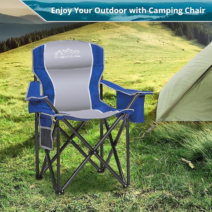 Folding Camping Chair Heavy Duty Portable Lawn Chairs with Cooler Bag Side Pocket &amp Cup Holder Folding Chairs for Outside Support 450lbs Blue