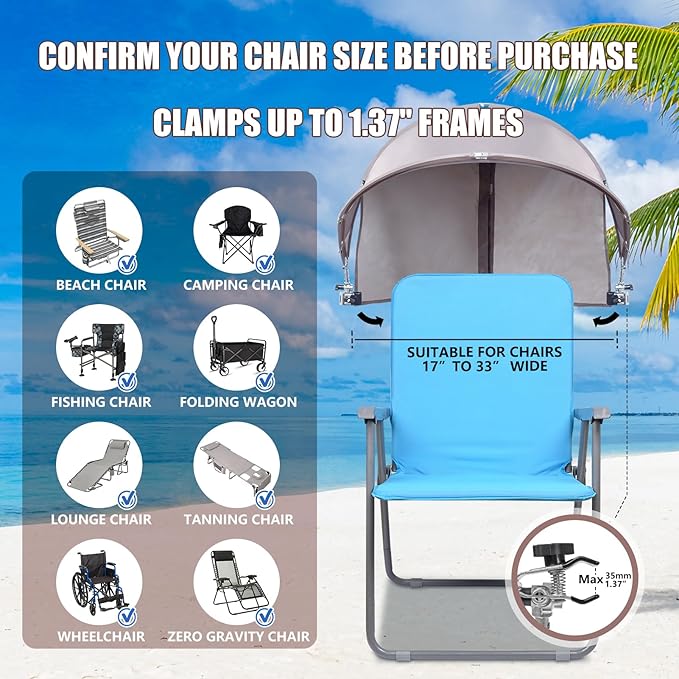 XL Universal Chair Canopy Umbrella UPF 50+ Foldable Sun Shade Attachment with Adjustable Clamp Fits Most Brands’ Beach Camping Lawn Tanning Zero Gravity Lounge &amp Fishing Chairs