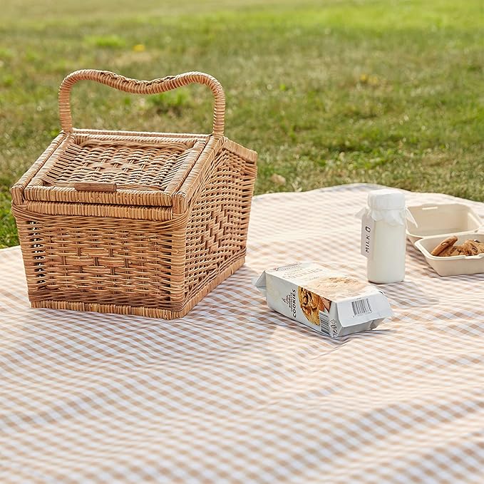 Cute Gingham Picnic Blanket Waterproof Foldable in Large 80x60in and Extra Large 80x80in Portable Compact Beach Blanket Oversized XL Outdoor Mat (Tan X-Large)