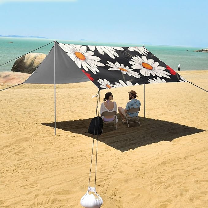 Daisy Flower Pattern Beach Tent Sun Shelter 9.2' x 10.5' Beach Canopy with 4 Sandbags 4 Stability Poles Sand Shovels - Tent Canopy for Beach Camping Fishing Picnics