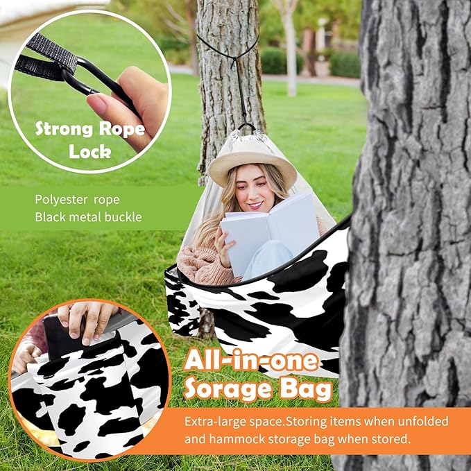Outdoor Camping Hammock Cow Print Pattern Double Single Hammocks with 2 Tree Straps Lightweight Portable Heavy Duty Nylon Hammocks for Backpacking Travel Beach Backyard Patio Hiking