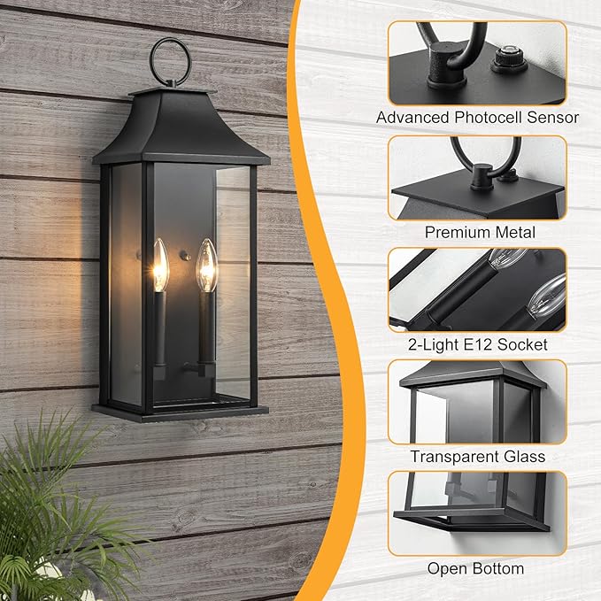 Outdoor Wall Lights Dusk to Dawn Waterproof Outside Wall Sconce Large Modern Wall Fixture with Glass Exterior Lamp for House Porch Garage 2-Light (20.6 Inch Black)