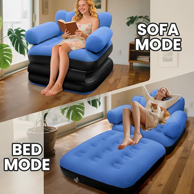 SeaSlep Blow Up Pull Out Couch with HeadboardInflatable Couch with Flocked SurfaceFolding Inflatable Chair for AdultsPortable Air Sofa BedDurable Air CouchesInflatables couches for Camping-1pc