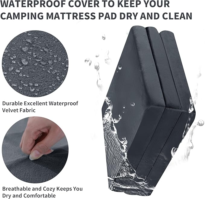 HOMBYS Tri Folding Memory Foam Camping Mattress for Outdoor Sleeping Portable Waterproof Camping Pad Mat for Travel Truck Bed Tent