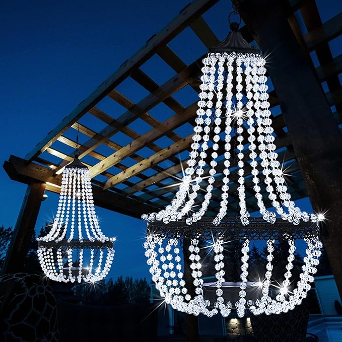 Hanging Solar Lantern Outdoor 28” Modern Clear Crystal Acrylic Chandelier with 30 Cool White Lights S Hook for Garden Yard Patio Gazebo Decorations