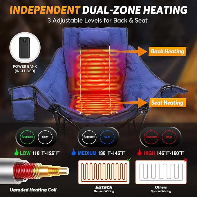 Suteck Heated Rocking Camping Chair Oversized Heated Camping Chair W/20000mAh Power Bank &amp Carry Bag Fully Padded Heated Chairs for Outdoor Sports W/3 Heat Levels for Back &amp Seat Lawn Picni