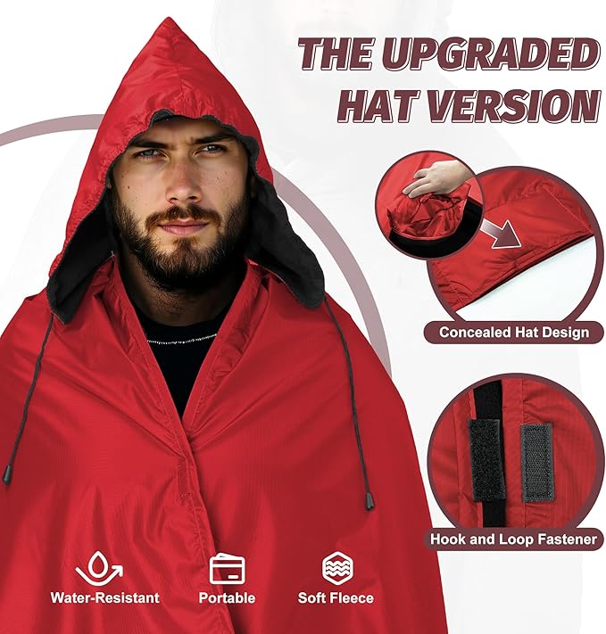 Fleece Waterproof Outdoor Blanket - Windproof Stadium Blanket for Camping Picnics and Sports Stay Dry and Comfortable 80x 58(Hoodeed Red)