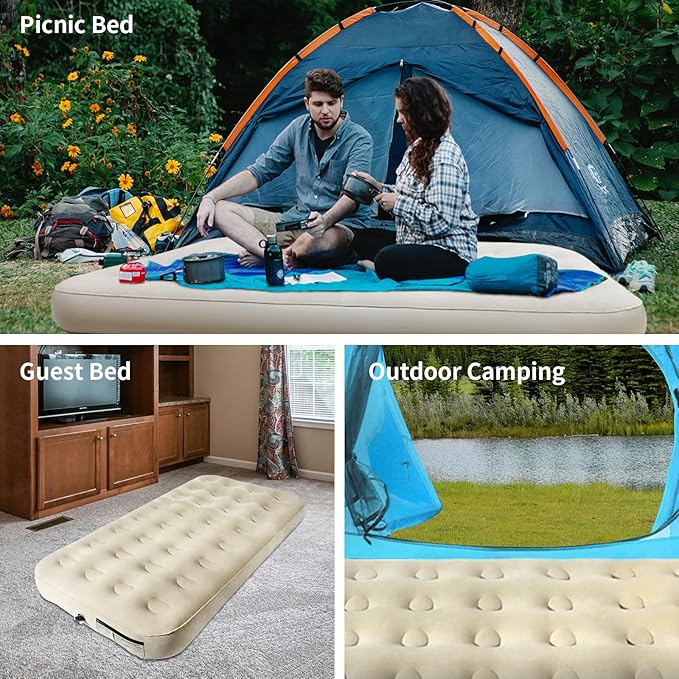 Twin Air Mattress with Fast Inflating Pump Blow up Mattress of Wave Flocked Top Durable Air Bed for Home Camping &amp Guests 8in Bed Height – 500lb Weight Capacity