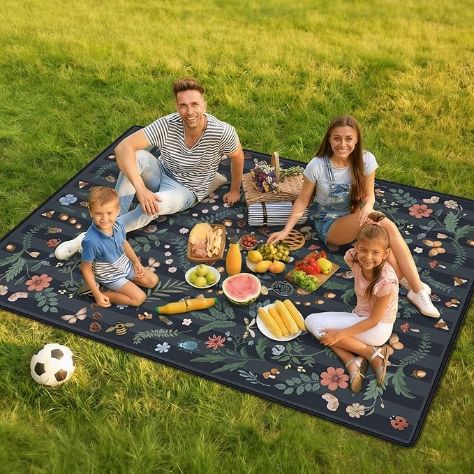 Mushroom Picnic Blankets Waterproof Foldable 80″X80″ Extra Large Picnic Mat Insect Outdoor Blanket for Grass Packable Beach Blanket Sandproof Picnic Accessories for Camping Music Festival Park Lawn