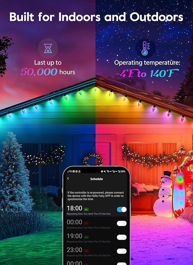 Brightown C9 LED Christmas Lights Outdoor 150LED RGB Smart Christmas Tree Lights Music Sync DIY APP Controlled Waterproof Connectable C9 String Lights for House Indoor Patio Xmas Decoration