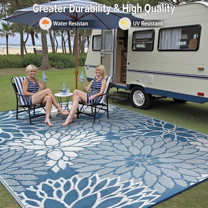 HUGEAR 5'x8' Outdoor Rug Waterproof Plastic Straw Rugs Blue Reversible Floral Mat Floor Carpet for Camping RV Deck Entryance Porch Picnic Balcony Beach Backyard